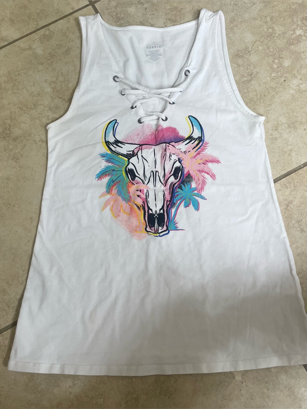 torrid White Lace-Up Tank with Colorful Skull & Palm Graphic
